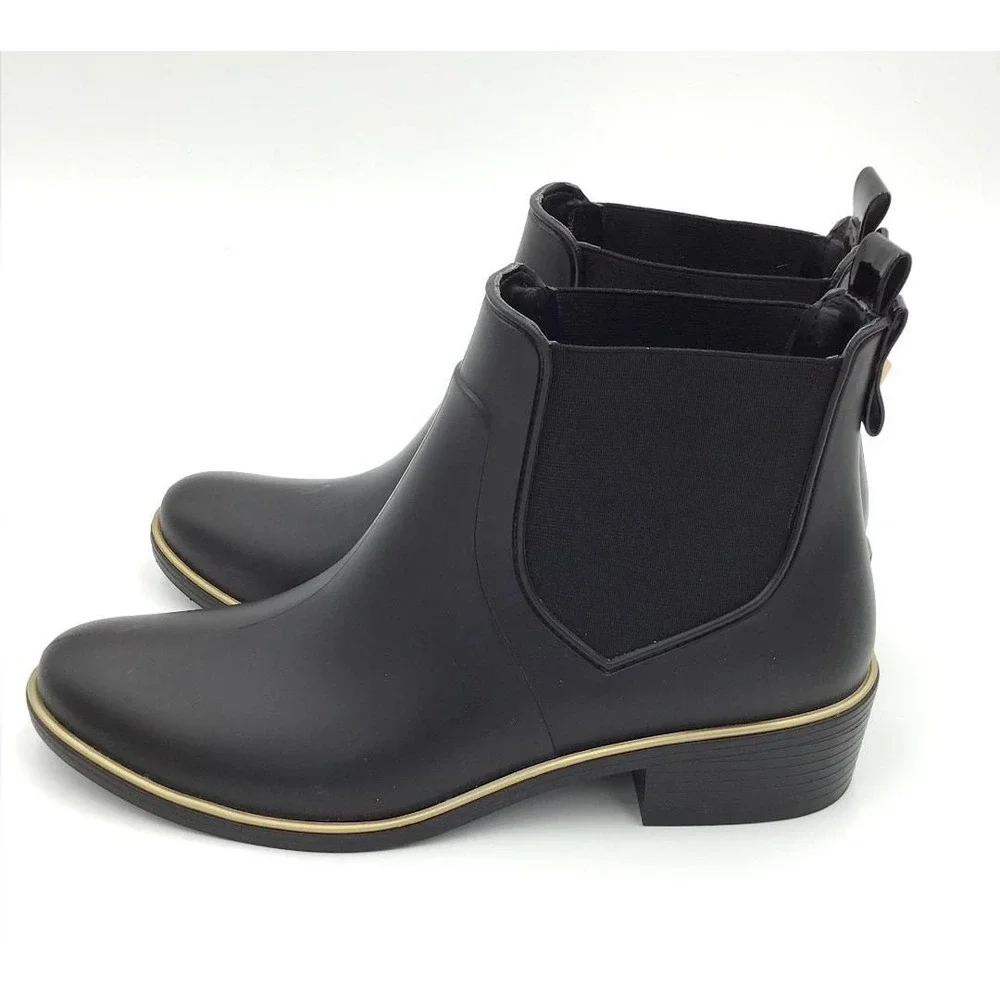 Kate Spade New York Black Rubber Chelsea Rain Boots Gold Trim Sz 10 Capsule Wear